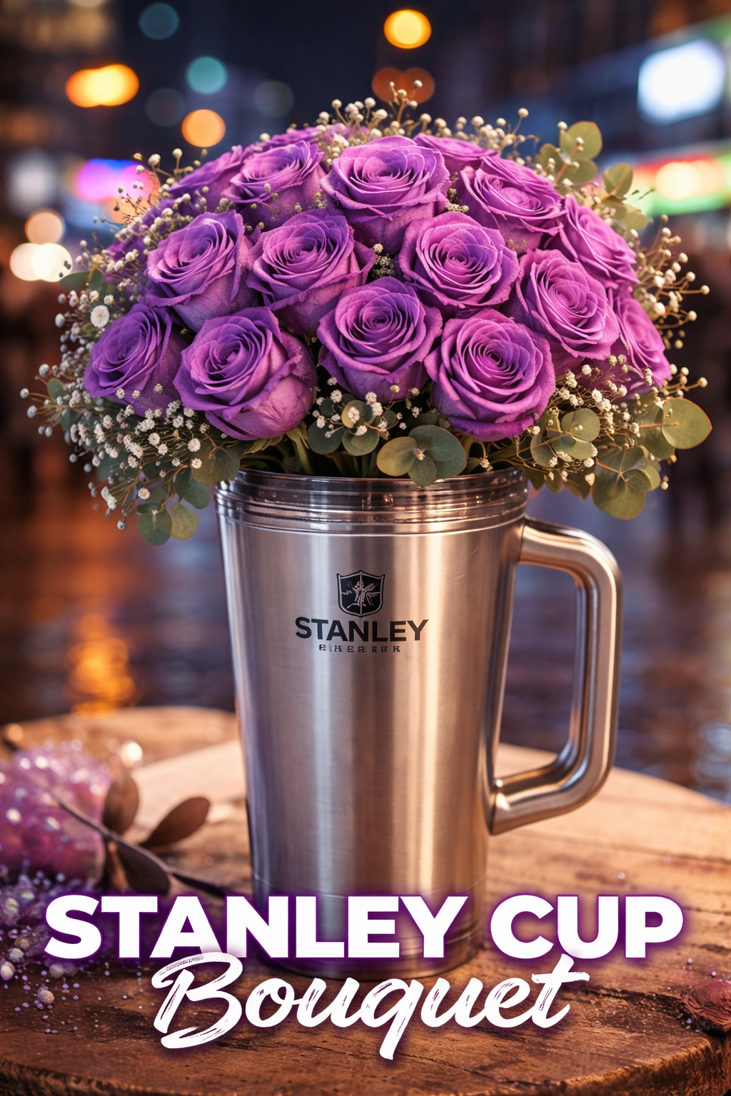 Stanley Cup bouquet with purple roses in Stanley tumbler gift arrangement for special occasions in Dubai.