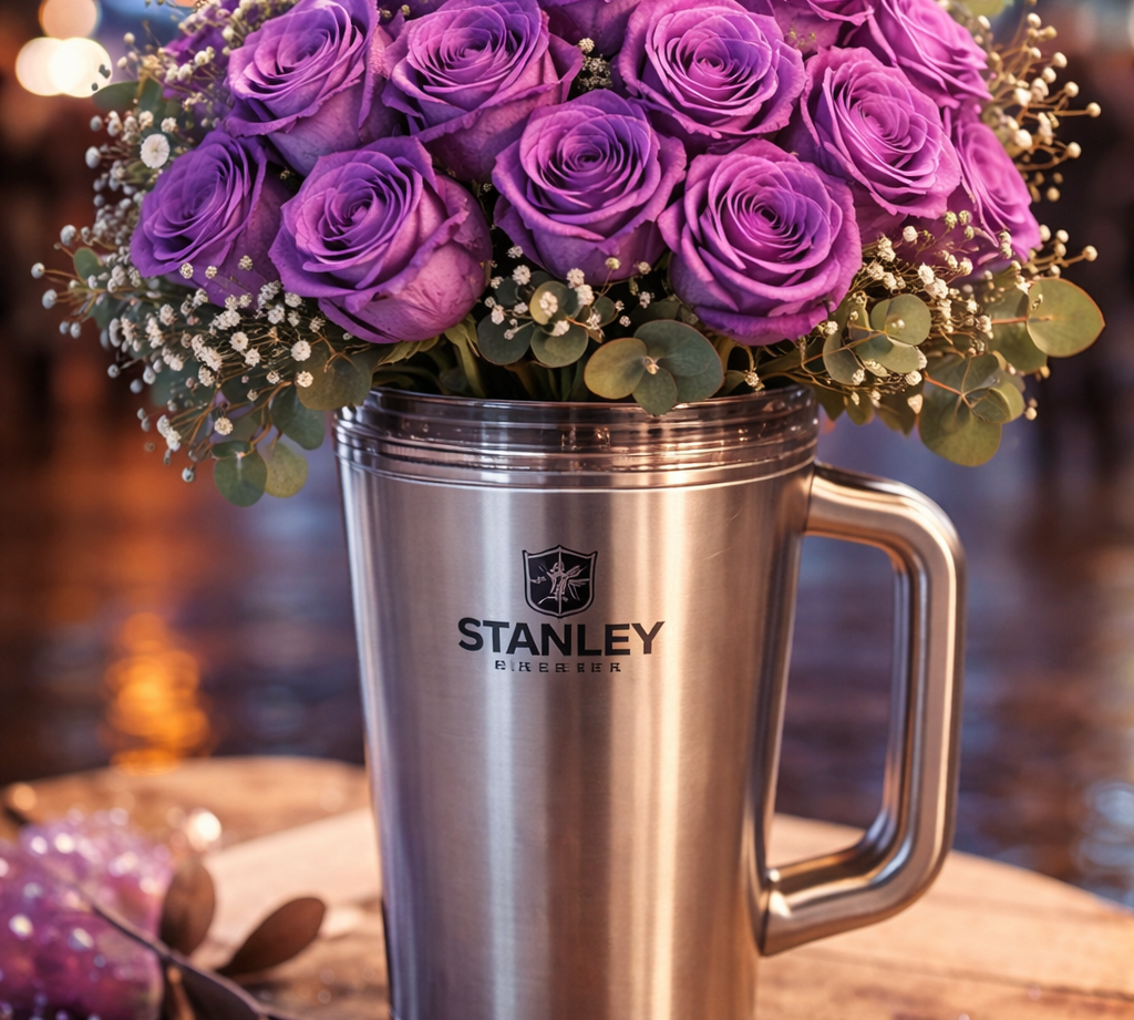 Stanley Cup bouquet with purple roses in Stanley tumbler gift arrangement for special occasions in Dubai.